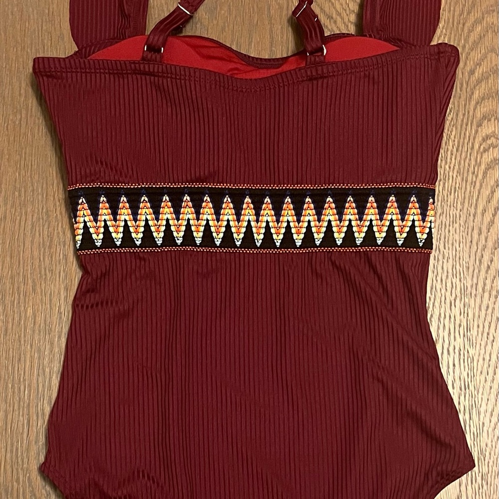 Burgundy Ribbed One Piece Swimsuit Ruffle Straps Geometric Embroidered Waist - Picture 7 of 7